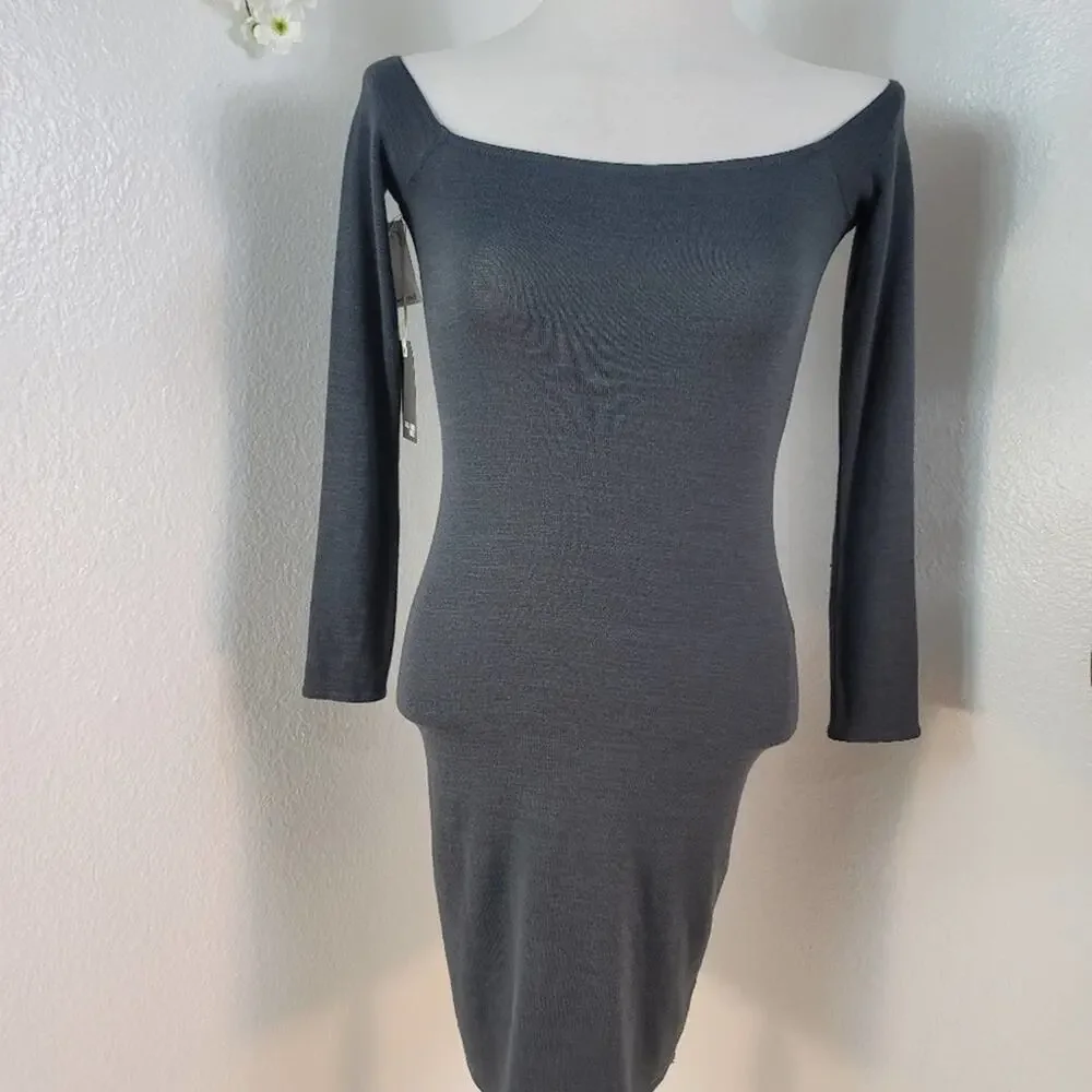 ARITZIA WILFRED FREE Olivia Charcoal Gray Off Shoulder Bodycon Dress Long Sleeve